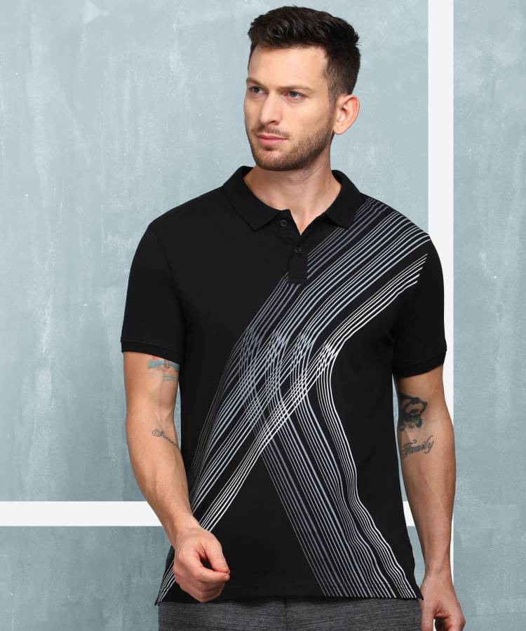 Printed Men Polo Neck Black T-Shirt Price in India