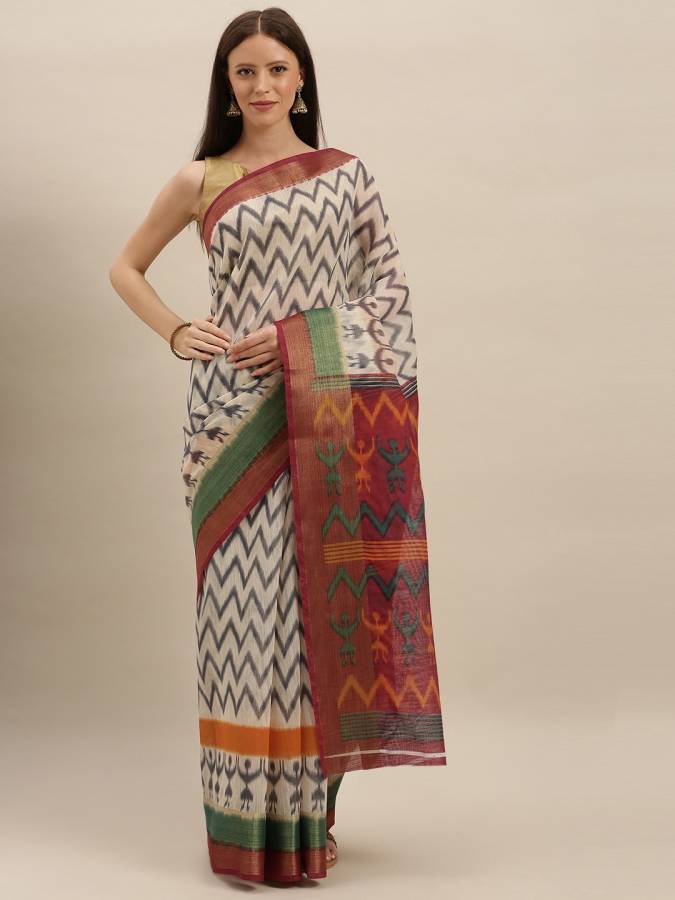 Printed Ikkat Cotton Blend Saree Price in India