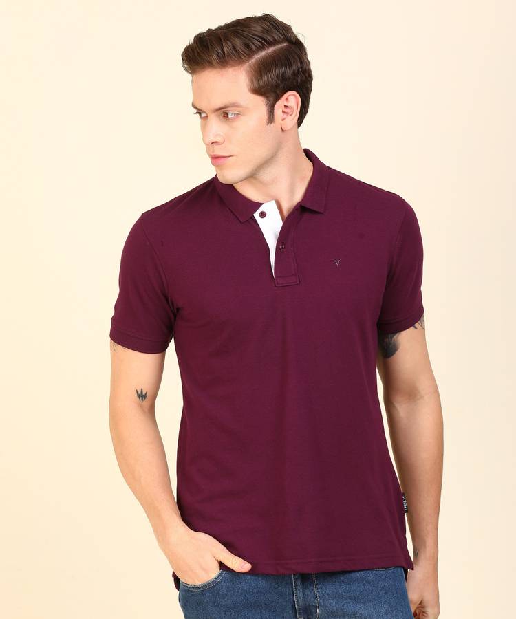 Solid Men Polo Neck Maroon, Purple T-Shirt