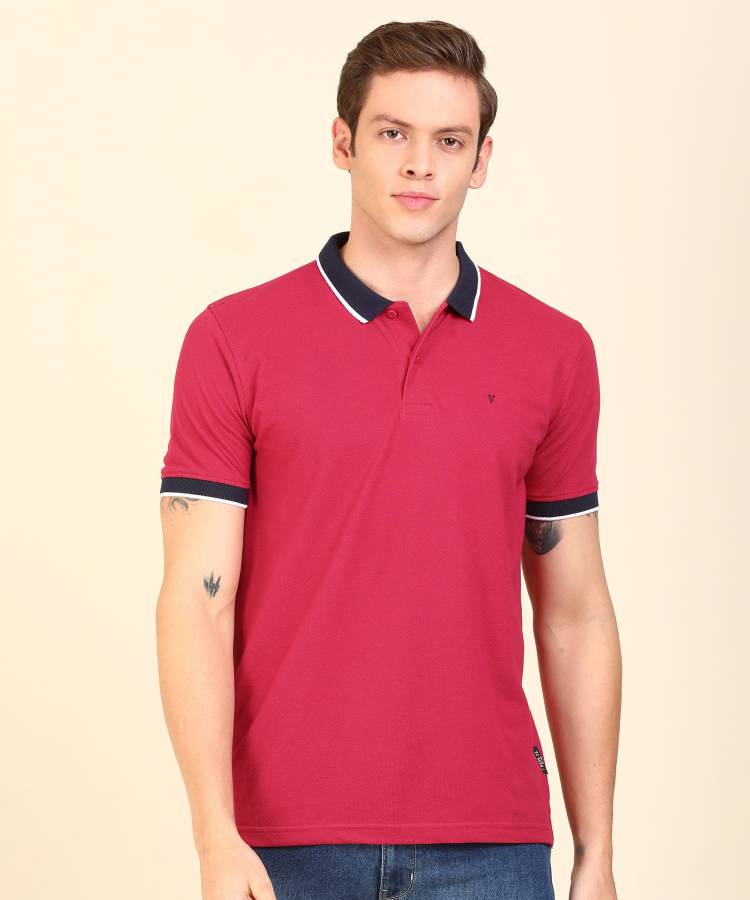 Solid Men Polo Neck Pink T-Shirt Price in India