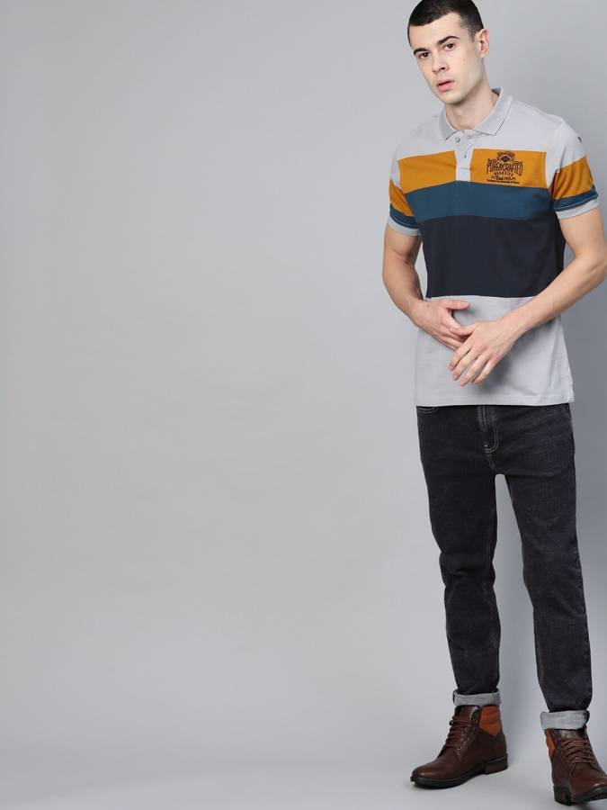 Color Block Men Polo Neck Grey T-Shirt Price in India