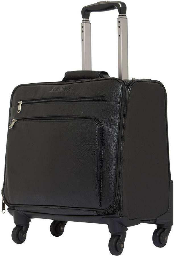 Small Cabin & Check-in Luggage (14 inch) - Black 33 Liter Faux Leather Trolley Bag With 15.6 inch Laptop Compartment - Black