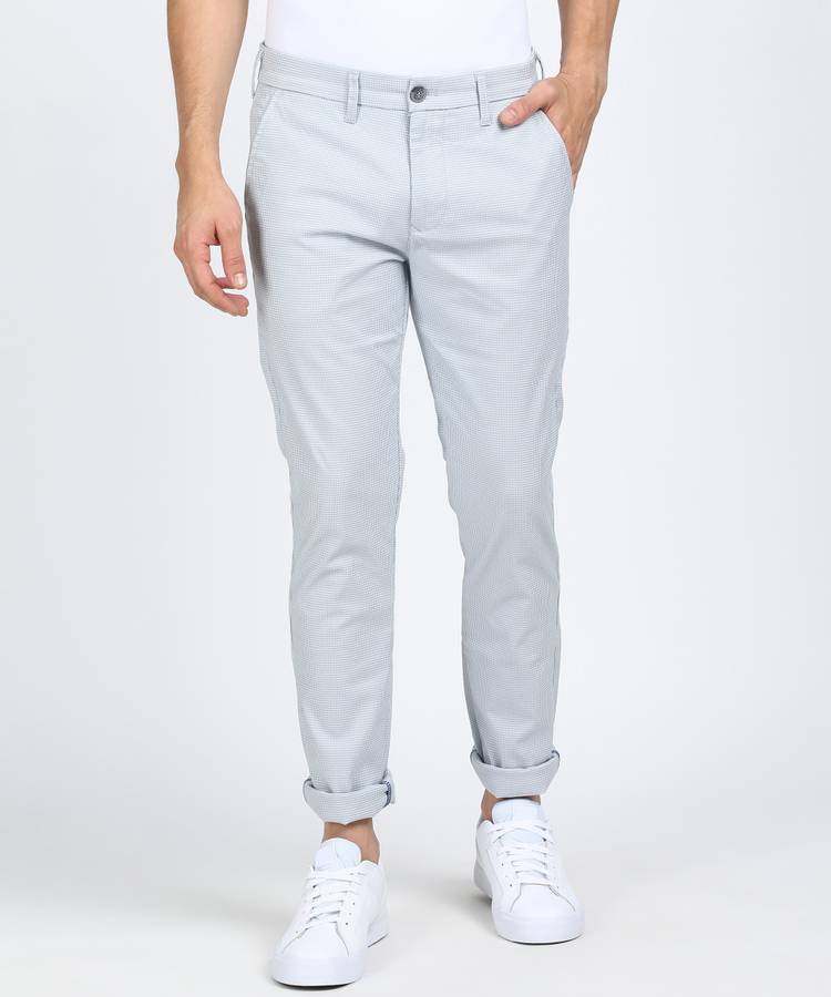 Slim Fit Men Light Blue Pure Cotton Trousers