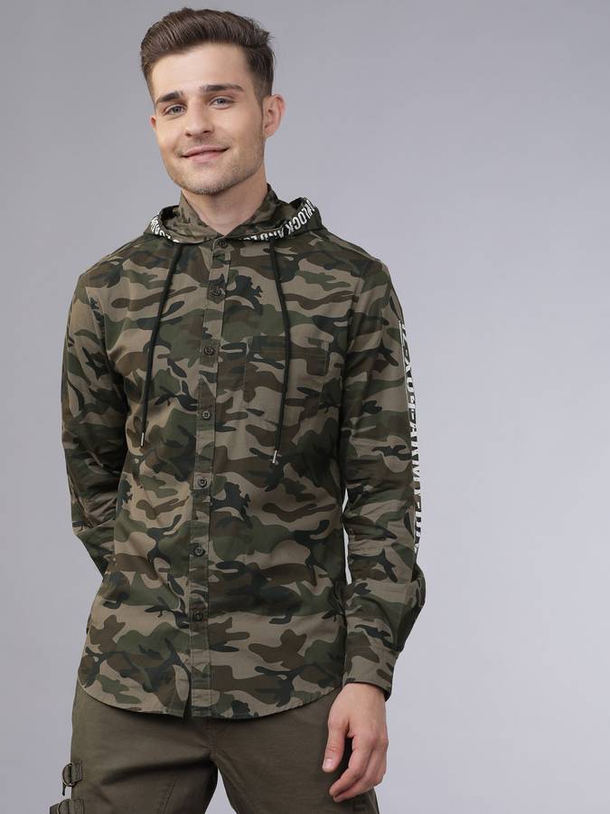 Men Slim Fit Printed Hood Collar Casual Shirt