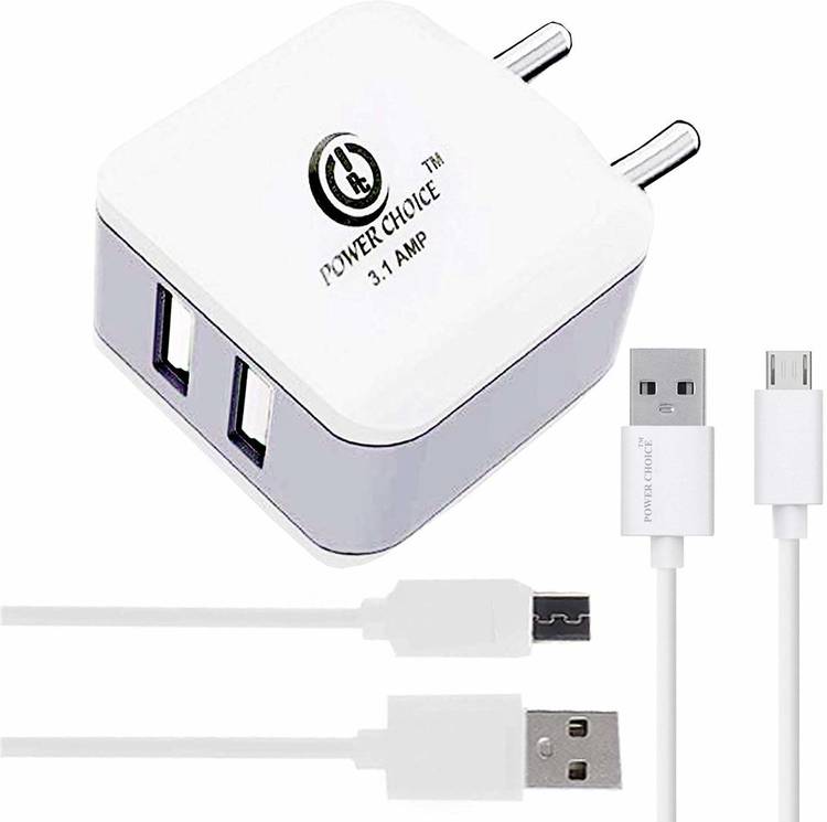 POWER CHOICE Dual Port USB Charger Adapter with 3.1 Amp Power Supply for All Android and iOS Devices (White) 3.1 A Multiport Mobile Charger with Detachable Cable