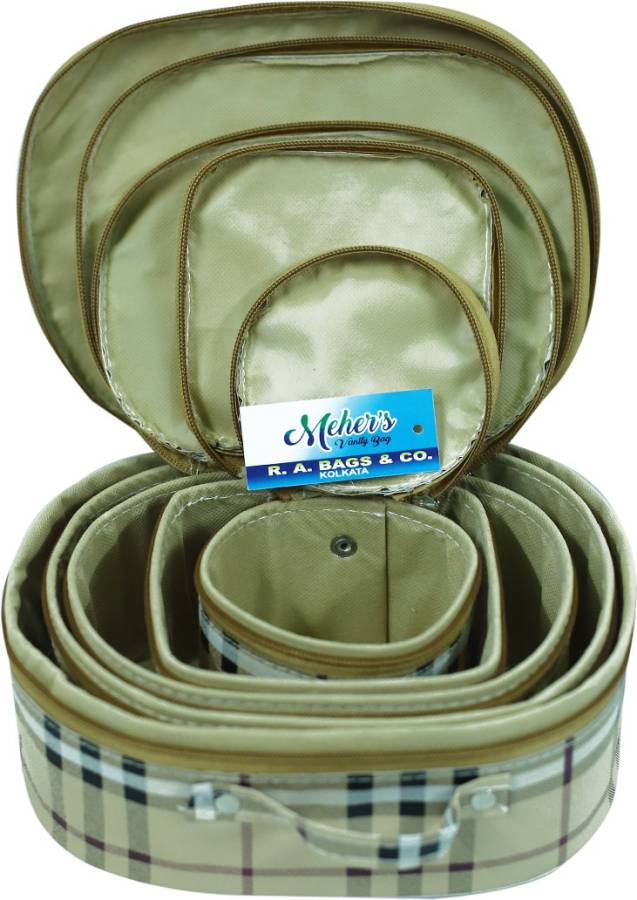 Meher 5 pcs cosmatic storage make up kit bag •	Multi Purpose Vanity Box •	Material: fabric, cardboard •	Number of Compartments: 5 •	Lockable Vanity Box Price in India