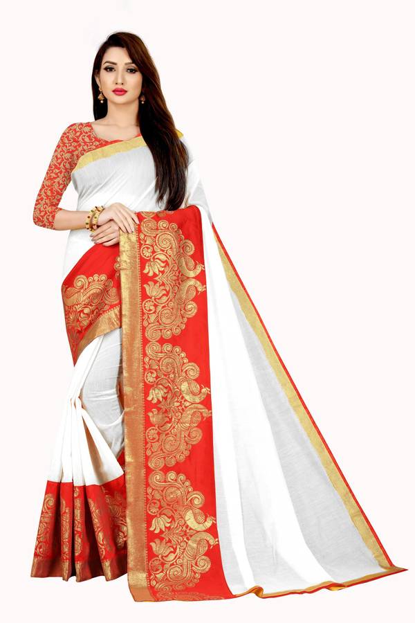 Self Design, Temple Border, Solid, Applique, Woven Chanderi Cotton Blend Saree