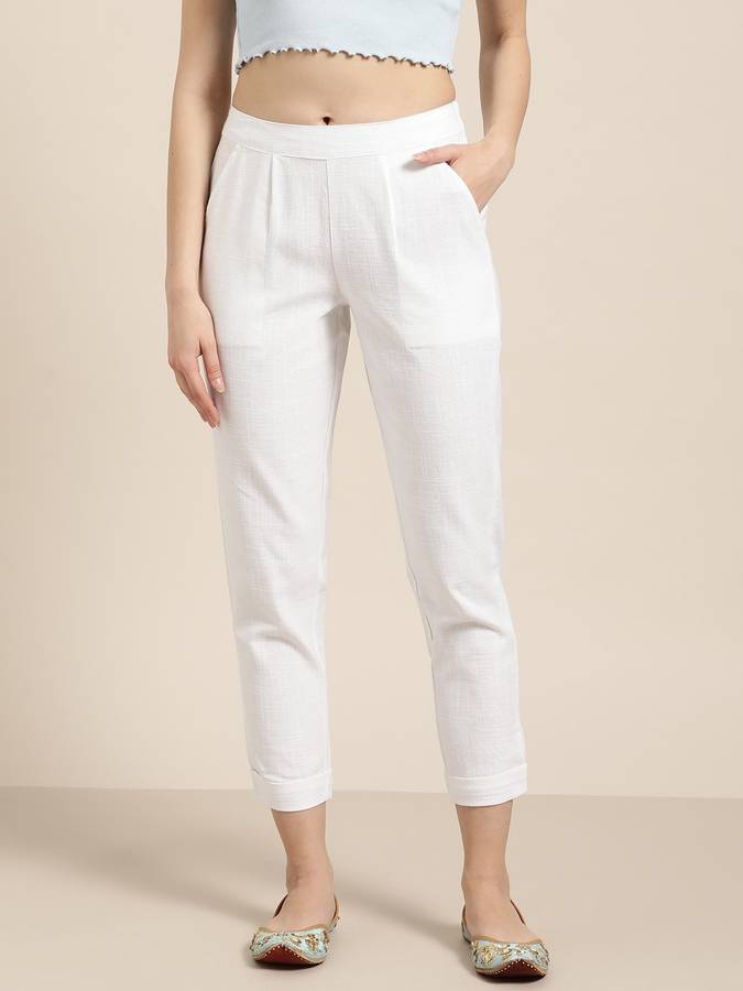 Regular Fit Women White Cotton Blend Trousers