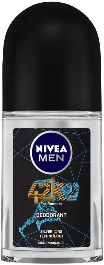 NIVEA MEN 42K Roll On, with Silver Ions Technology for Max Endurance - No Alcohol - Reduces up to 99.9% Odour-causing Bacteria - Running & Workout Essentials, 50 ml Deodorant Roll-on - For Men