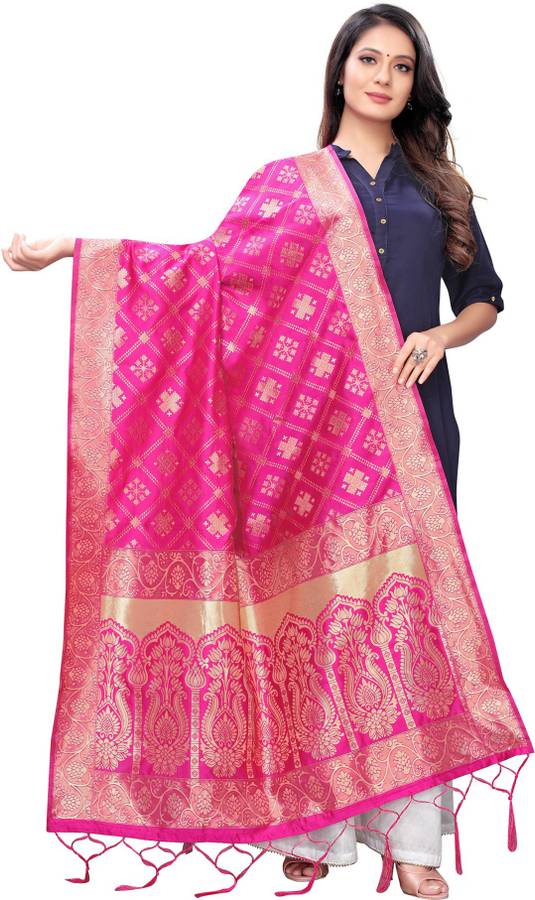 Silk Blend Checkered, Woven, Embellished Pink Women Dupatta