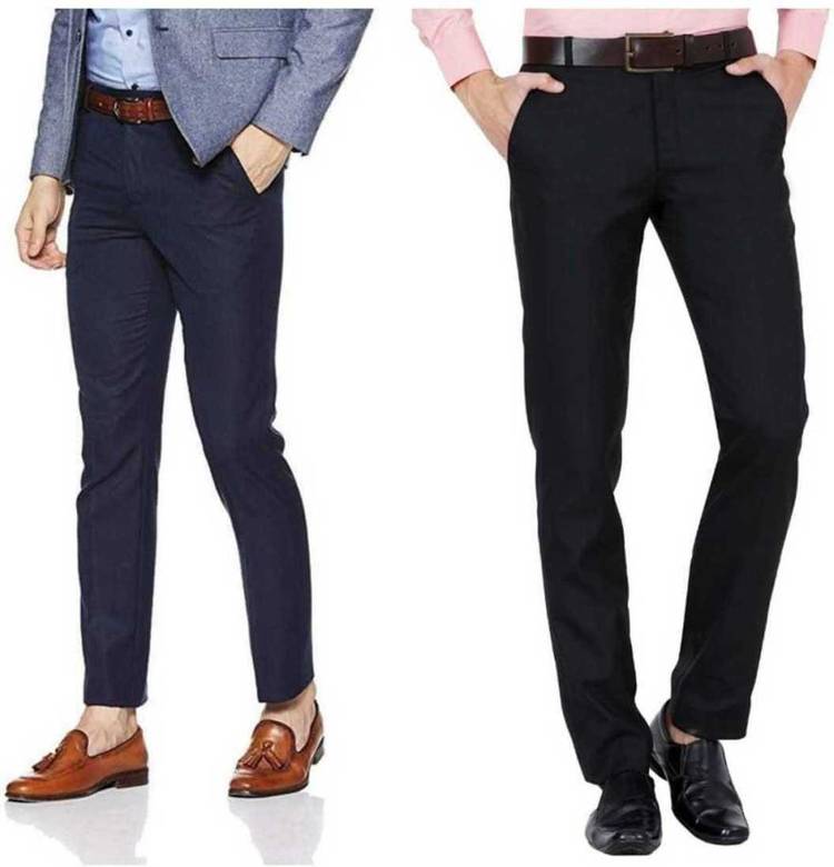 Regular Fit Men Black, Blue Pure Cotton Trousers