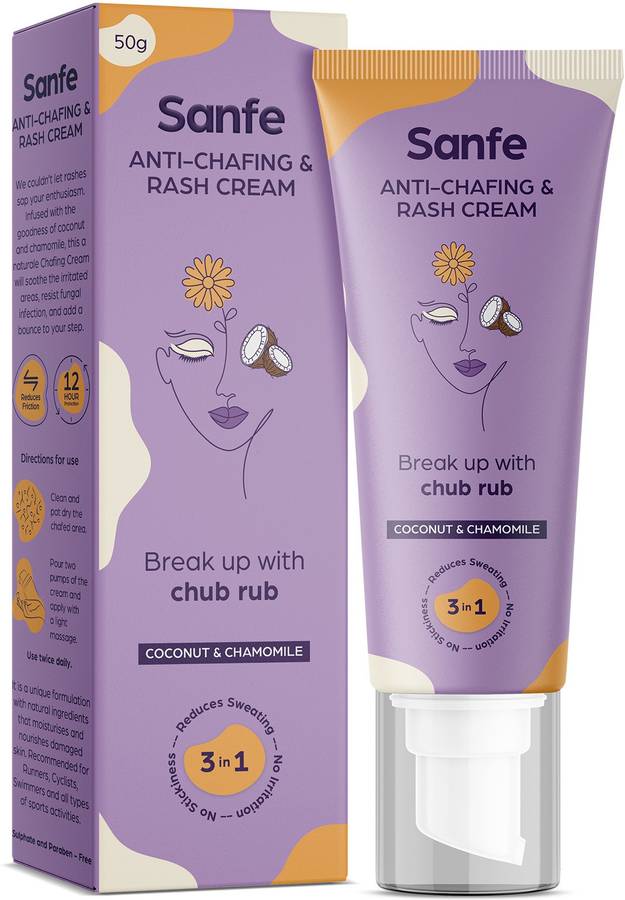 Sanfe Natural Anti-Chafing and Rash Cream - 50g - for chafing from sanitary pads, sports, heavy thighs, bra - airless pump tube for easy application