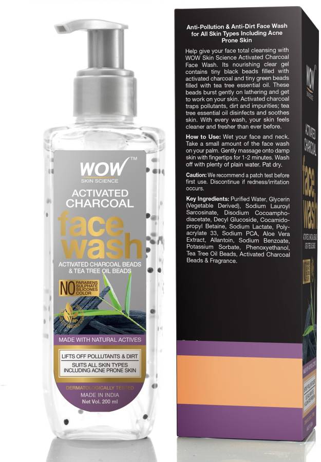 WOW SKIN SCIENCE Activated Charcoal  - with Activated Charcoal & Tea Tree Oil Beads - Removes Pollutants & Dirt - No Parabens, Sulphate, Silicones & Color - 200mL Face Wash Price in India