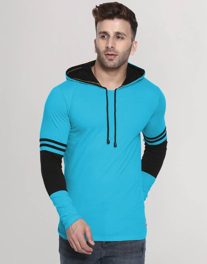 Color Block Men Hooded Neck Light Green, Black T-Shirt Price in India