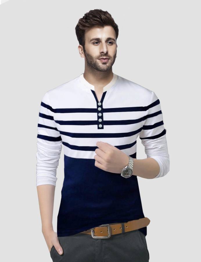 Printed Men Round Neck White, Dark Blue T-Shirt