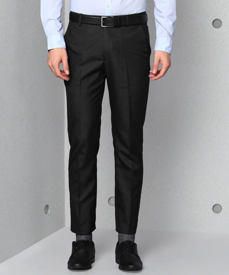 Slim Fit Men Polyester Viscose Blend Black Polyester Viscose Blend Trousers