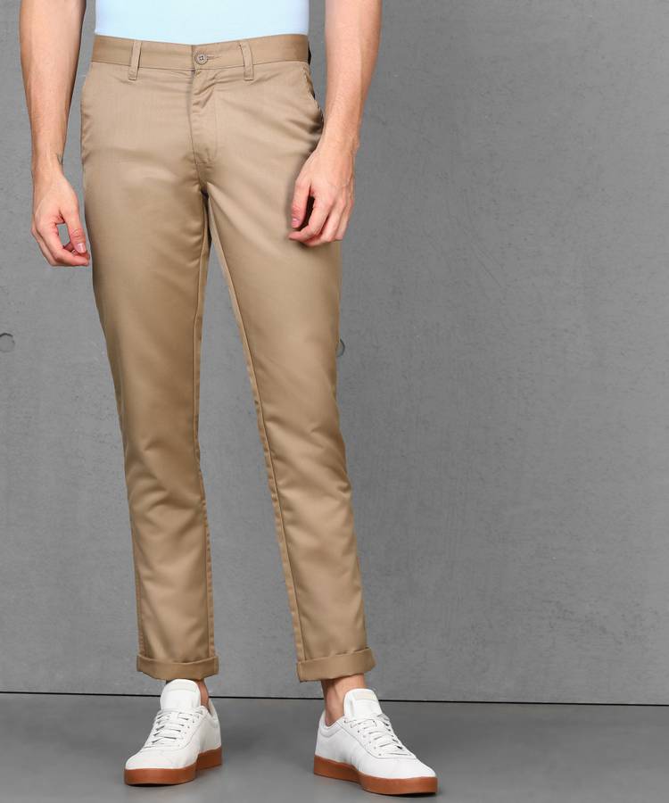 Slim Fit Men Polyester Beige Polyester Trousers