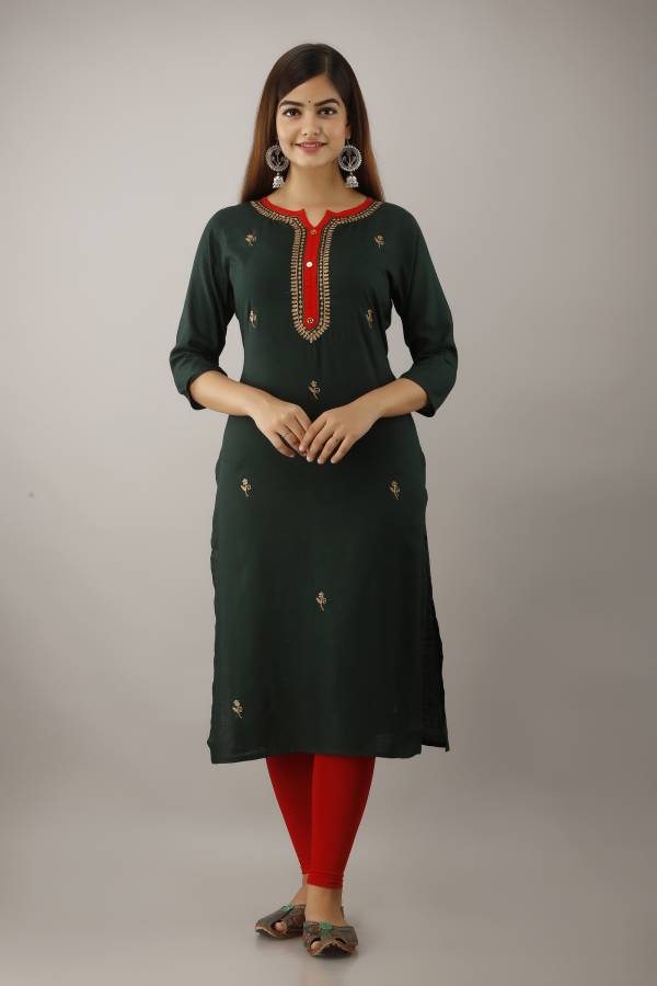 Women Embroidered Rayon Crepe Blend Straight Kurta Price in India