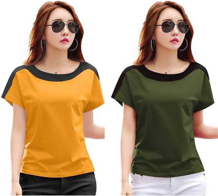 Color Block Women Round Neck Yellow, Green T-Shirt