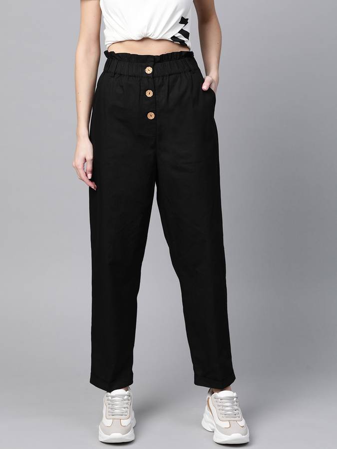 Relaxed Women Black Pure Cotton Trousers