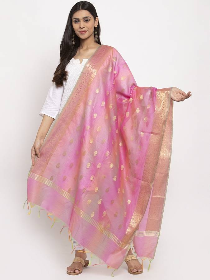 Cotton Silk, Jacquard Woven Pink Women Dupatta