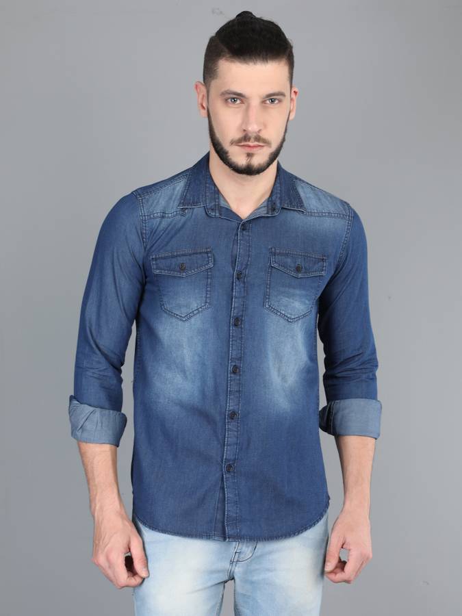 Men Regular Fit Washed Cut Away Collar Casual Shirt