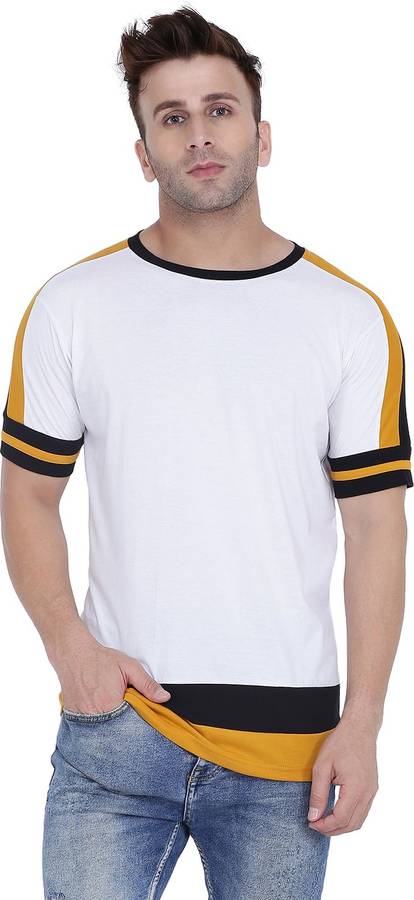 Solid Men Round Neck White, Black, Yellow T-Shirt