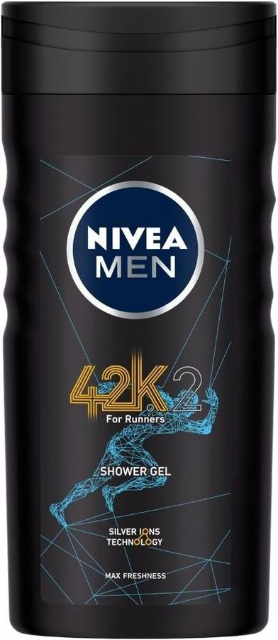 NIVEA MEN 42k Shower Gel, with Silver Ions Technology for Max Freshness - Running & Workout Essentials - 3 in 1 Body Wash for Body, Face & Hair, 250 ml