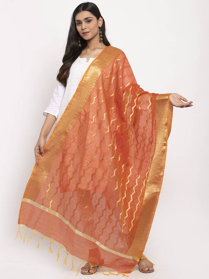 Cotton Silk, Jacquard Geometric Print Orange Women Dupatta