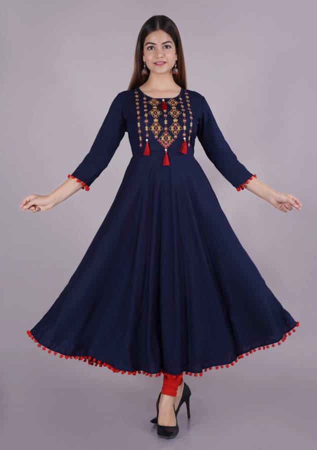 Women Embroidered Rayon A-line Kurta