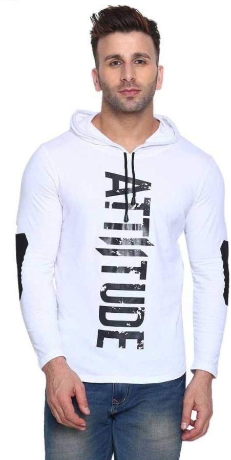 Printed Men Hooded Neck White T-Shirt Price in India