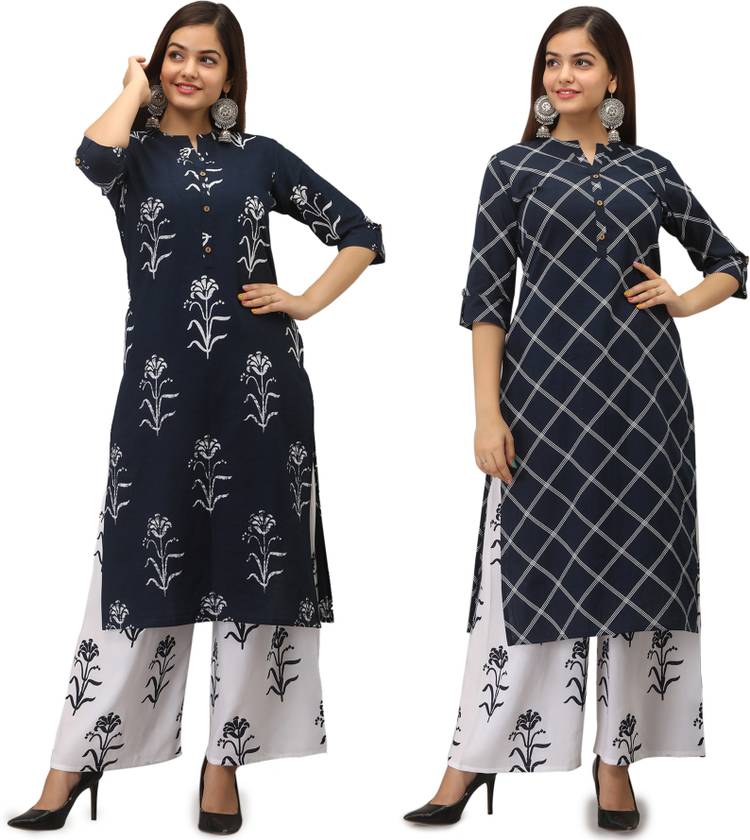Women Floral Print Cotton Rayon Blend Straight Kurta