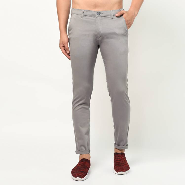 Slim Fit Men Silver Cotton Blend Trousers