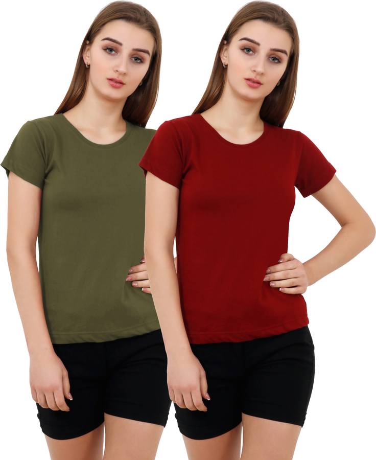 Solid Women Round Neck Dark Green, Maroon T-Shirt
