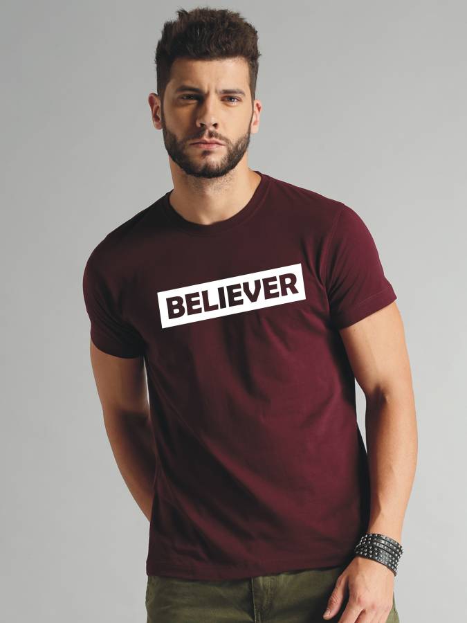 Printed Men Round Neck Maroon T-Shirt Price in India