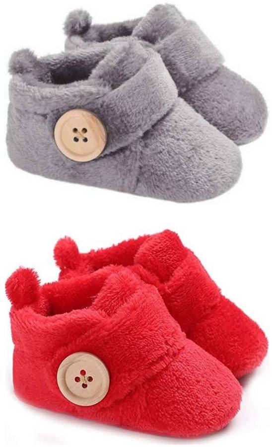 Basics21 Baby Girls And Baby Boys Velvet Soft Base Booties/ Shoes With Wooden Button-100% mercerised cotton-(Size-3-12 month)-(Pack of-2)-Grey-Red Booties