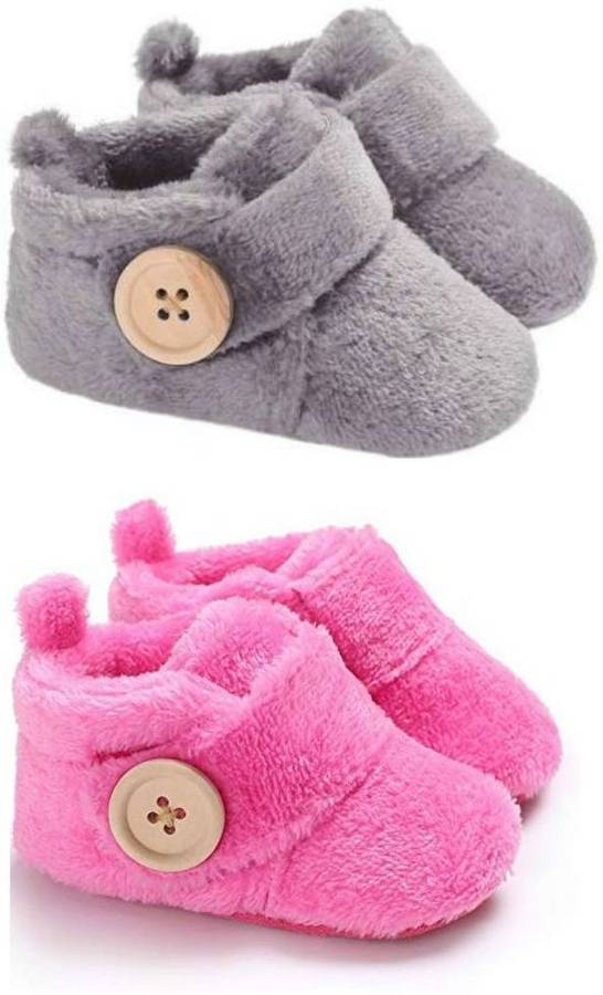 BASICS21 Baby Girls And Baby Boys Velvet Soft Base Booties/ Shoes With Wooden Button-100% mercerised cotton-(Size-3-12 month)-Dark Pink-Grey Booties