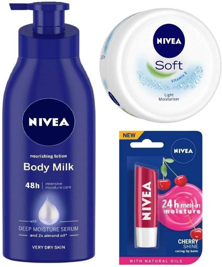 NIVEA Body Milk Nourishing Lotion, 600 ml, Soft Light Moisturiser, 100 ml, and Cherry Shine Lip Balm, 4.8 g