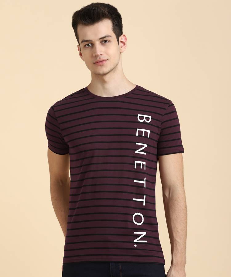 Striped Men Round Neck Maroon T-Shirt