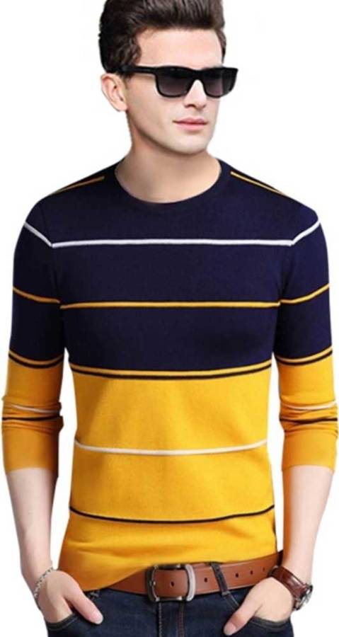 Color Block, Striped Men Round Neck Blue, Yellow T-Shirt