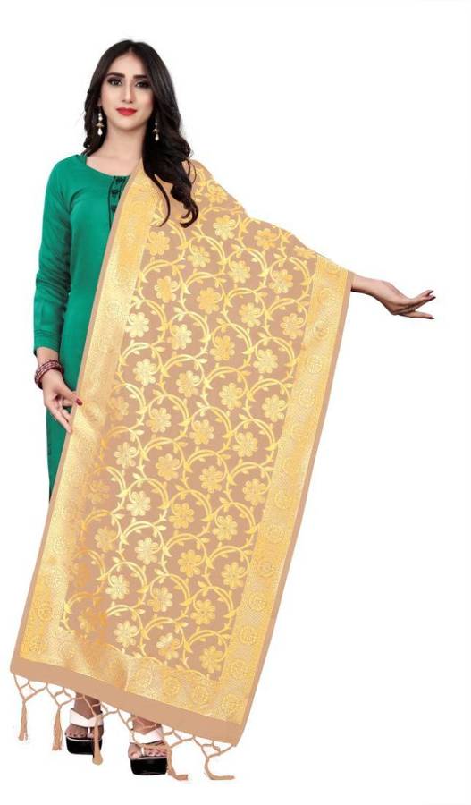 Cotton Blend Woven Beige, Gold Women Dupatta