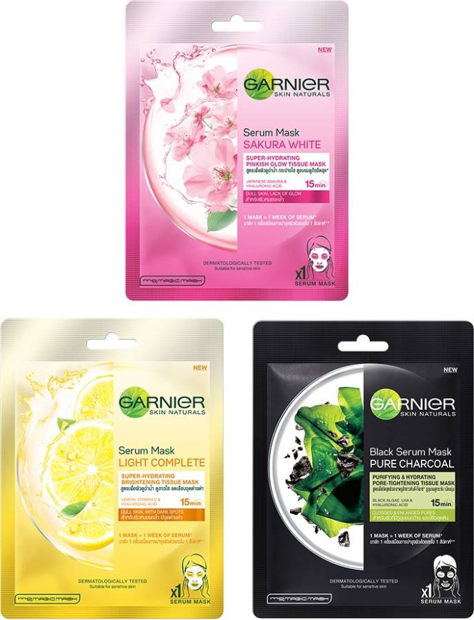 GARNIER Skin Naturals Face Serum Sheet Mask (1 Milky Serum + 1 Charcoal + 1 Sakura) (Pack Of 3) Price in India