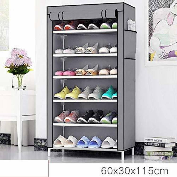 PYXBE 1-Door 6-Shelf Fabric Metal Collapsible Shoe Stand (Grey, 6 Shelves) Plastic, Metal Collapsible Shoe Stand