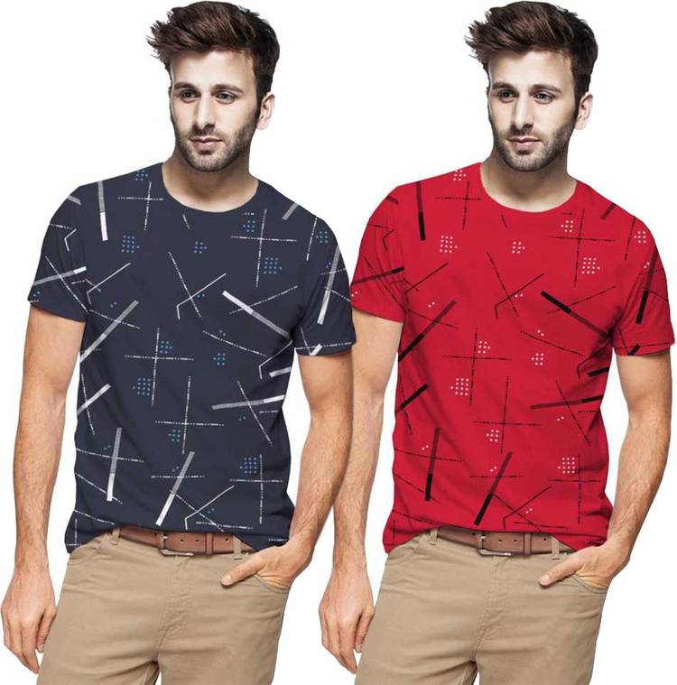 Printed Men Round Neck Dark Blue, Red T-Shirt