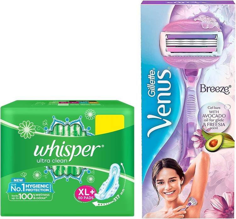 Whisper cleans 50s plus Venus Breeze razor (feminine hygiene combo)