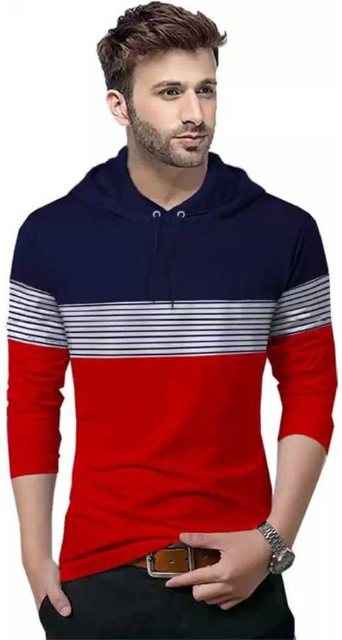 Striped Men Hooded Neck Dark Blue, Red T-Shirt Price in India