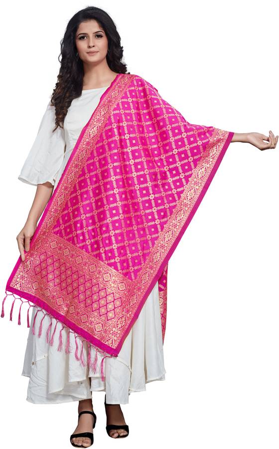 Art Silk Woven Pink, Gold Women Dupatta