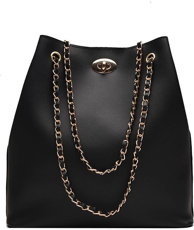 Women's Leatherette Handbag (Black) (ChainStrap_Black_EVS-110) Women Black Shoulder Bag - Extra Spacious