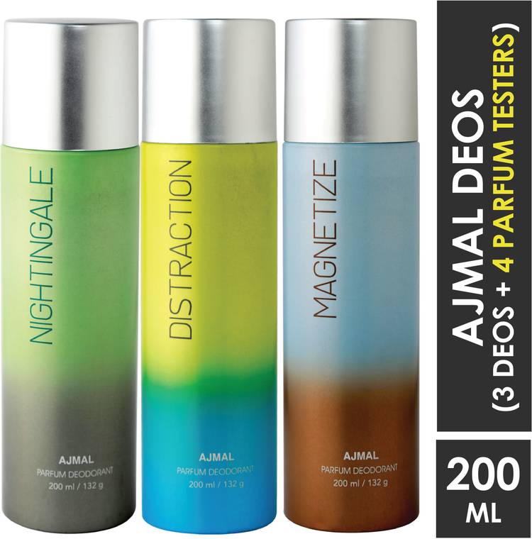 AJMAL Nightingale & Distraction & Magnetize Deodorant Combo Pack of 3 High Quality Deodorants 200ml each (Total 600ML) for Men & Women + 4 Parfum Testers Deodorant Spray  -  For Men & Women