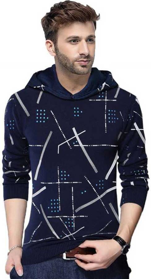 Graphic Print Men Hooded Neck Dark Blue T-Shirt